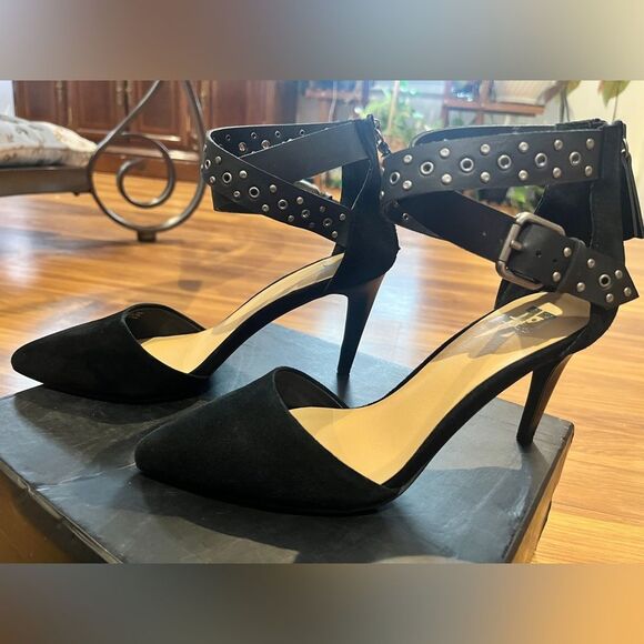 Joes Jeans Betty Ankle Strap Zip Back heels black suede studded leather size 7 - Picture 5 of 16